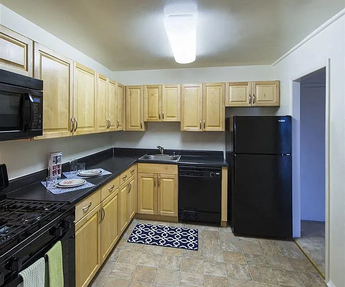 GOLD all-black appliances in an open kitchen space