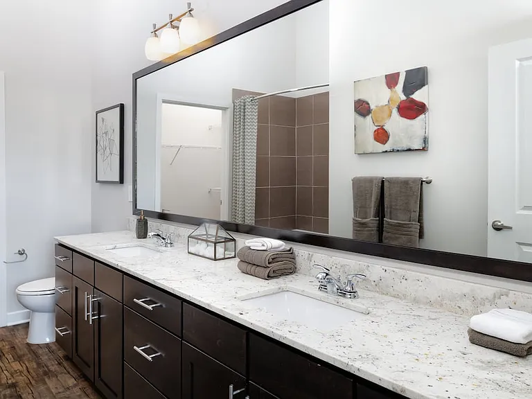 Primary bath with espresso cabinetry, granite countertops, and hard-surface vinyl plank flooring