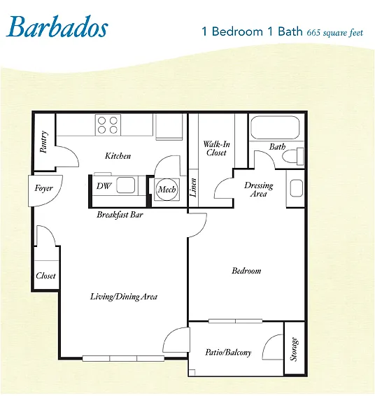 Floor plan A2 - Barbados - One Bedroom, One Bathroom