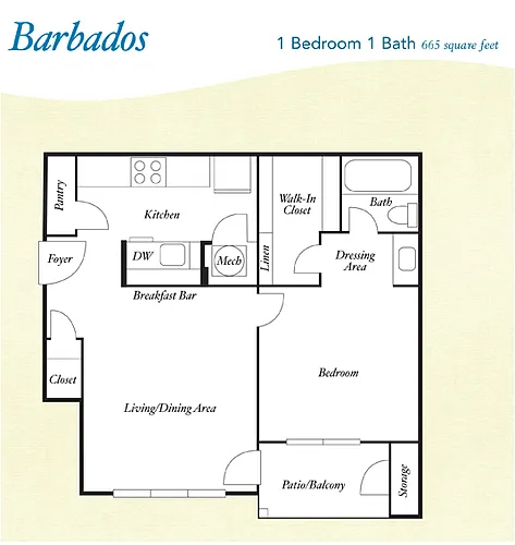 Floor plan A2 - Barbados - One Bedroom, One Bathroom