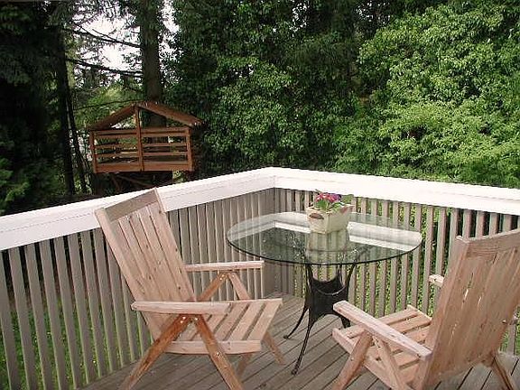 Deck overlooks back yard and treehouse.
