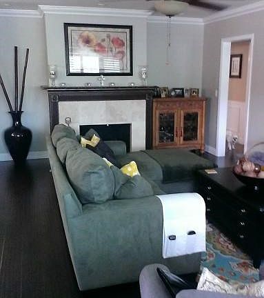 Living room with fire and ice fireplace.