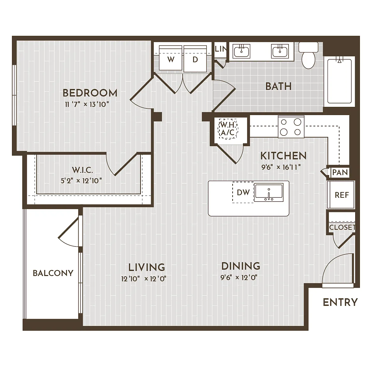 Floor plan 1BR 1BA (874 SF)