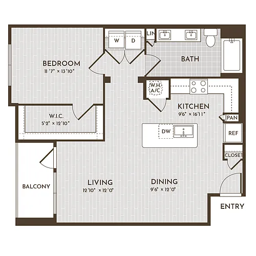 Floor plan 1BR 1BA (874 SF)