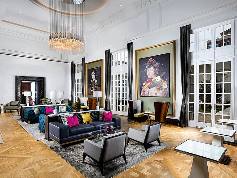 Work from home in the former ballroom of the historic Italian Embassy, transformed into an exquisite resident lounge space with preserved features