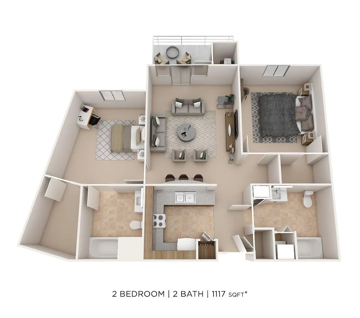 Floor plan Two Bedroom 2 Bath- 1,117 sqft