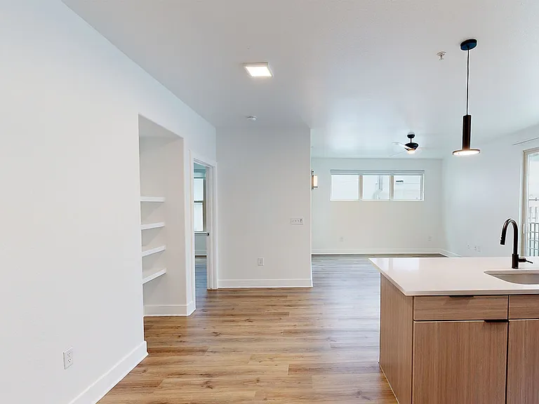 Apartment living room with wood-style flooring.