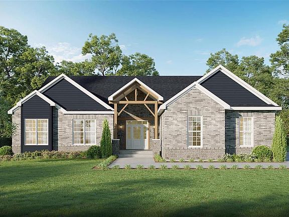 The Sycamore Standard elevation shown with brick, stone and cedar beams.