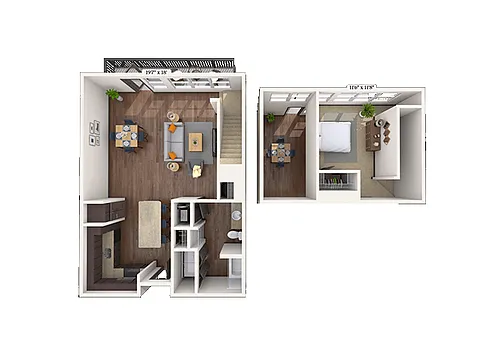 Floor plan Dual Level 1x1 963 SF