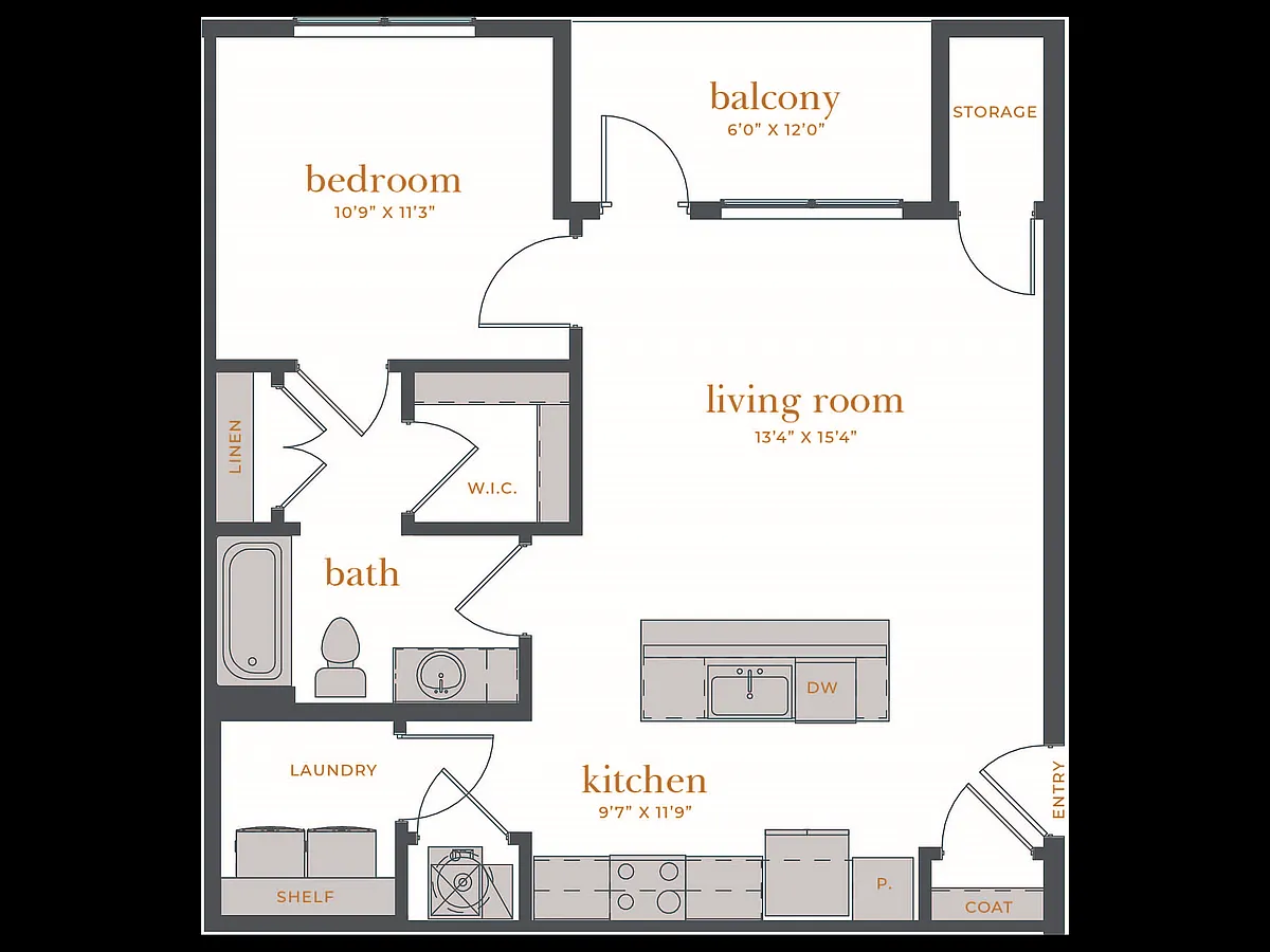 Floor plan 1 Bed, 1 Bath B (80% Income Restricted)