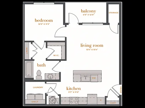 Floor plan 1 Bed, 1 Bath B (80% Income Restricted)