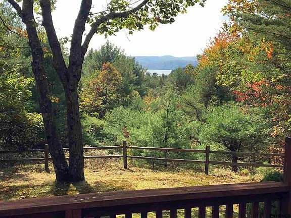 Long distance view of lake and mountains