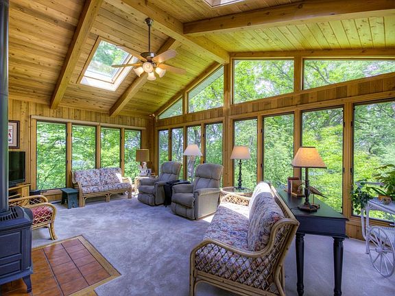 This porch is AWESOME !    
The porch is technically a 3 season porch - although the owners use it year-round.  There are no heat ducts,  but the gas fireplace that heats it up very well.  Doors to the room and offers plenty of passive heat