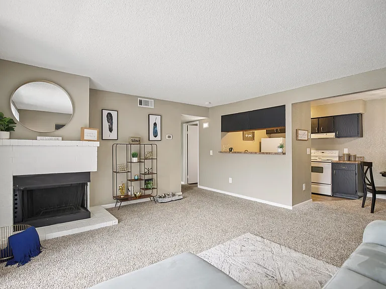 Two-bedroom living, dining and kitchen.
