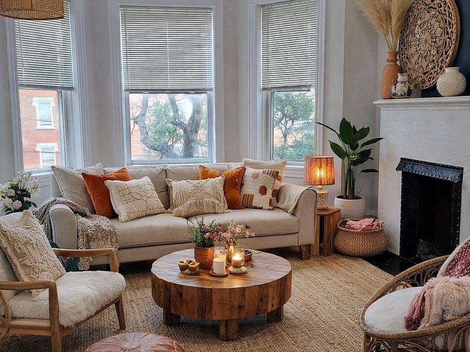 Living Room with decorative fireplace