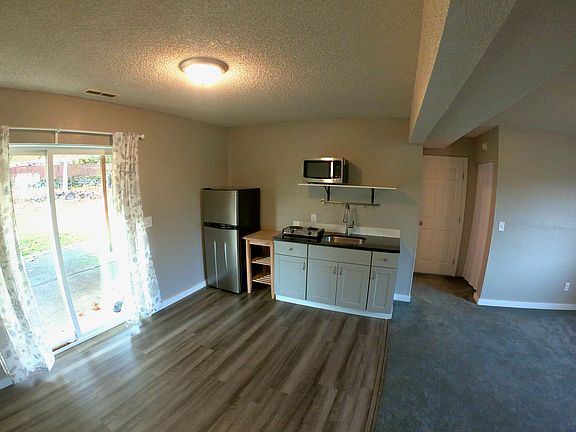 Kitchen comes fully stocked with new appliances (refrigerator, microwave, 2-burner hotplate), chic granite countertop with large sink and new faucet.
