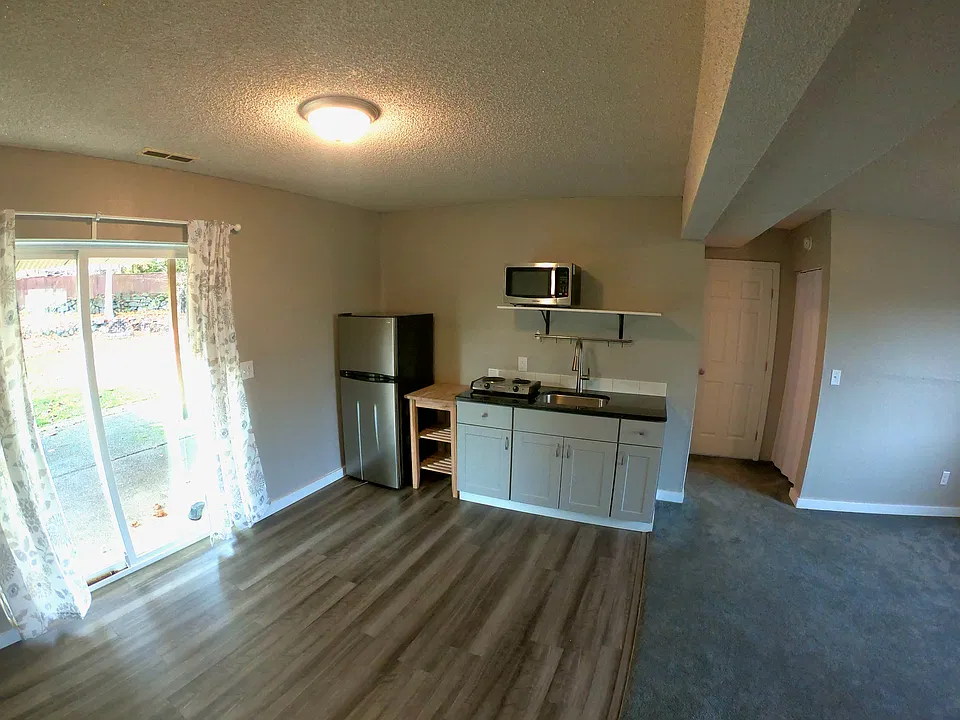 Kitchen comes fully stocked with new appliances (refrigerator, microwave, 2-burner hotplate), chic granite countertop with large sink and new faucet.