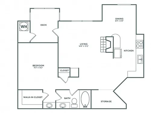 Floor plan One Bedroom One Bath (803 SF)
