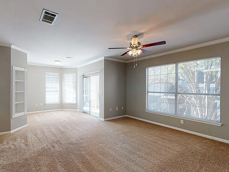 Apartment living room with plush carpet flooring.