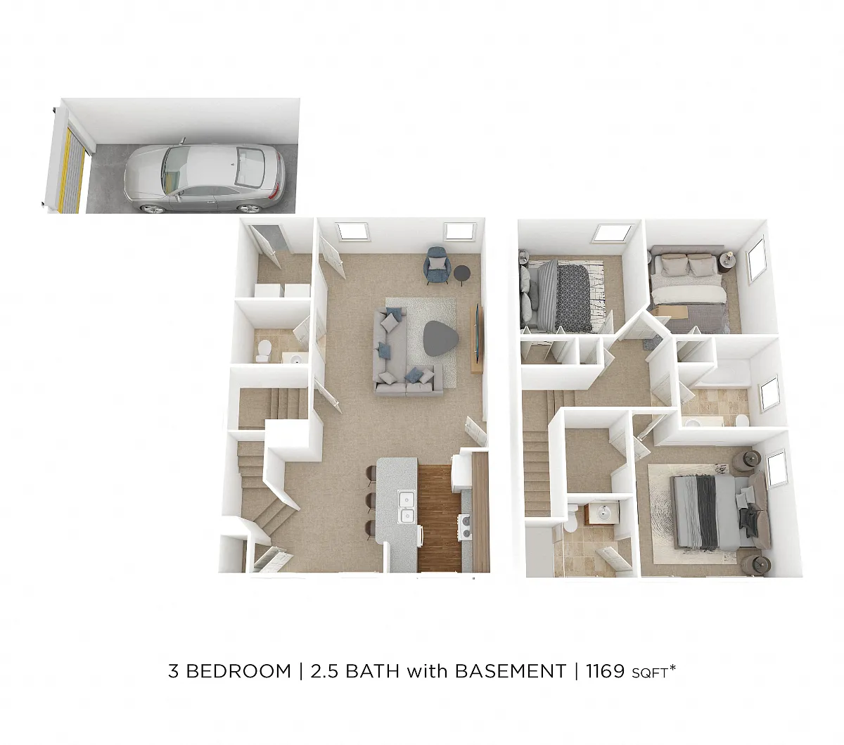 Floor plan Three Bedroom 2.5 Bath-1,169 sqft