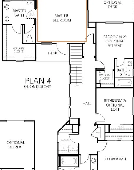 2nd floor plan. Note that home has loft near hall instead of bedroom. Also note that home has 2 walk in closets.