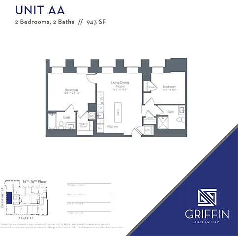 Floor plan AA 2 Bedroom 2 Bath