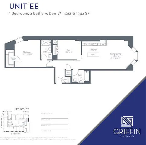 Floor plan EE1 1 Bedroom 2 Bath/Den