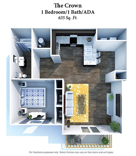 Floor plan The Crown: One Bedroom, One Bathroom ADA