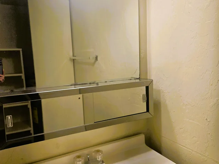 Newer vanity and lights. There are shelves in the closet behind the vanity for added storage.