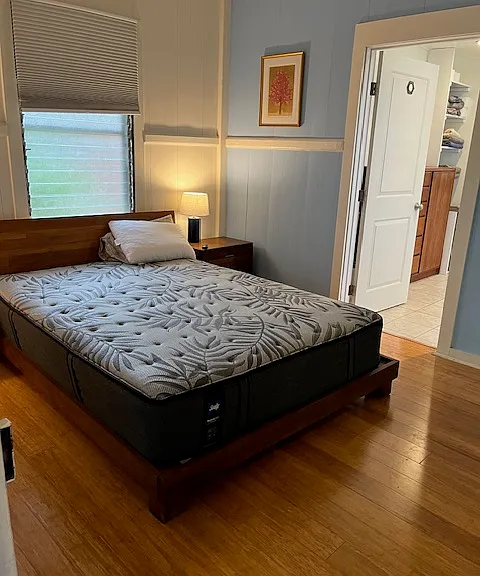 Master bedroom has a closet for hanging clothes, plus a large bathroom.