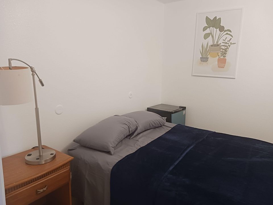 Queen bed, high-quality lamp with electric plug and USB charging.