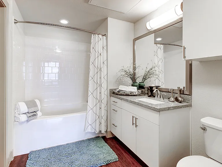 Apartment bathroom with wood-style flooring and double sinks.