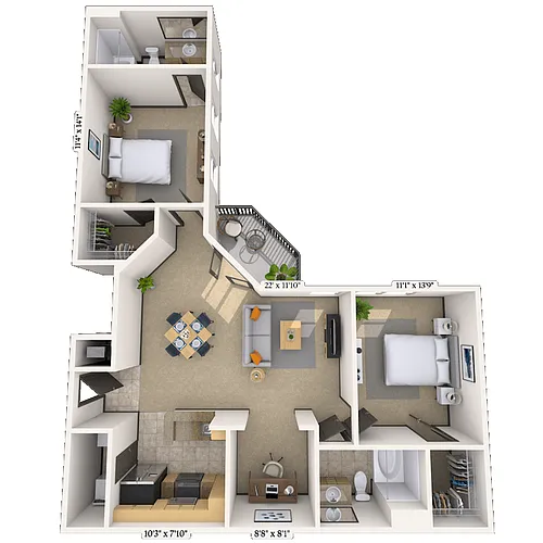 Floor plan Traditional 2x2 1063 SF