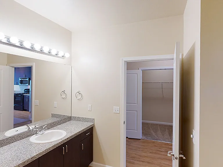 Apartment bathroom with wood-style flooring.