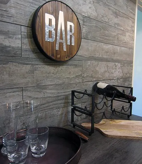 bar cart with rustic wall