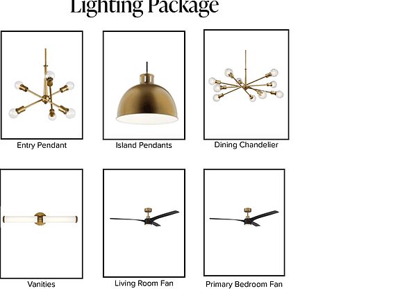 Lighting package catalog featuring an entry pendant, island pendants, dining chandelier, vanity ligh