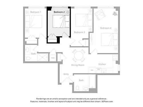 Floor plan Furnished Room in a 4 Bedroom 2 Bathroom (A2)