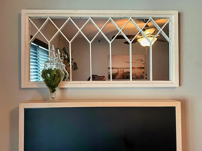Modular desk and mirror. Desk has a chalkboard when closed for notes.