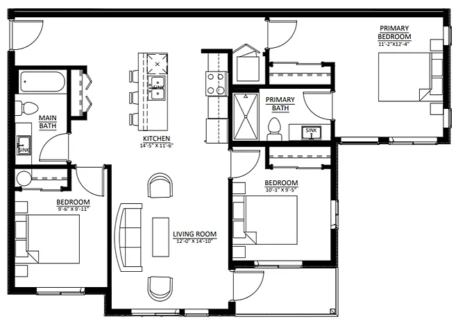 Floor plan Three Bedroom Two Bath (C1)