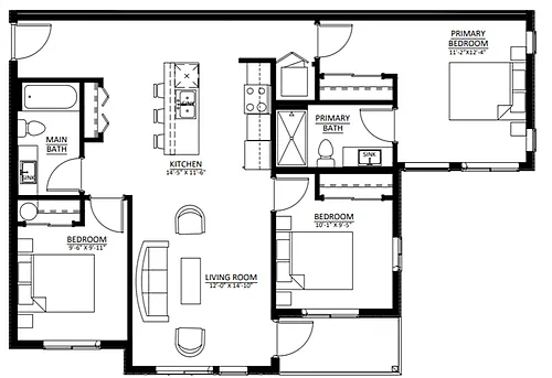 Floor plan Three Bedroom Two Bath (C1)