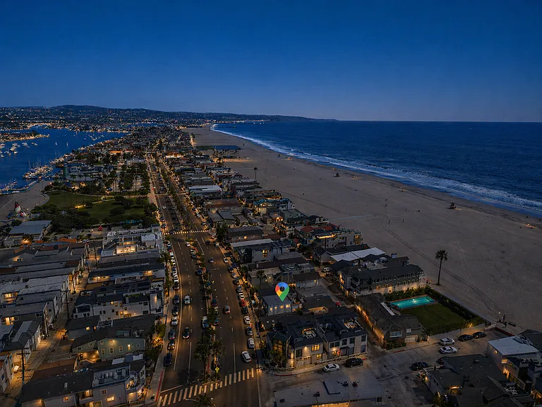 Aerial view of Balboa Peninsula and beachfront homes