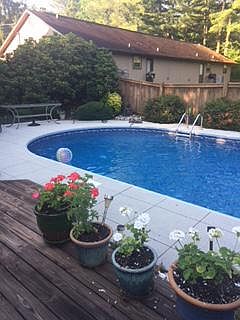 Unit for rent is viewed from the pool and located by the tree line.
