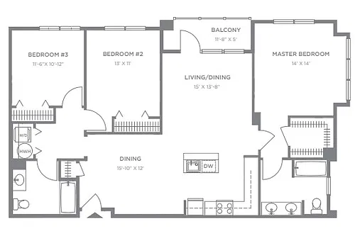 Floor plan P2 3BR 2BA (1416 SF)