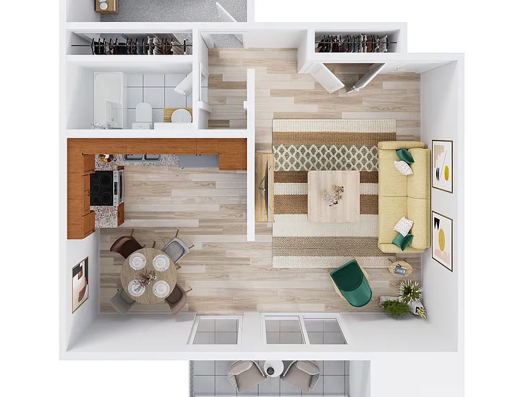 Explore the efficient layout of this stylish apartment designed for modern living. Explore the efficient layout of this stylish apartment designed for modern living.