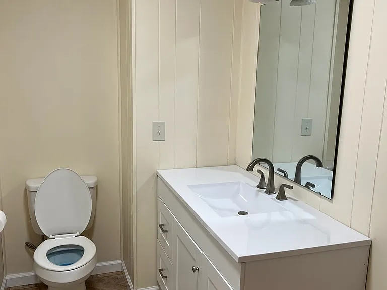 The bathroom has a new toilet and vanity plus a bathtub and shower.