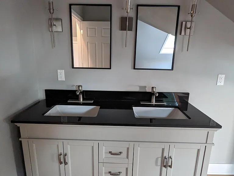 Attic bath has two sink vanity. No need to wait!