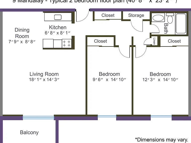 Typical 2 bedroom floor plan for 9 Mandalay, dimensions may vary.
