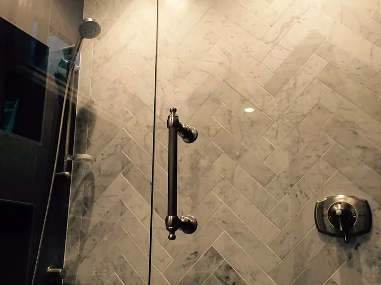 Large shower with rain hardware.