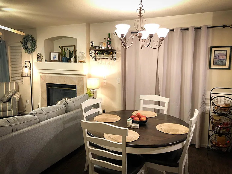 Dining room, living room and sliding glass doors to backyard