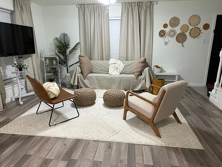 Curtains have been added in the living room.
